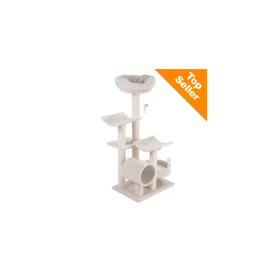 Tiragraffi beige con più piattaforme, cuccia superiore imbottita, tunnel e giochi appesi. Angolo arancione in alto a destra con testo: Top Seller.