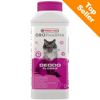 Versele-Laga Oropharma DEODO Flower, deodorant do kočičího steliva s květinovou vůní, Top Seller, obrázek kočky na obalu Versele-Laga Oropharma DEODO Flower, deodorant do kočičího steliva s květinovou vůní, Top Seller, obrázek kočky na obalu