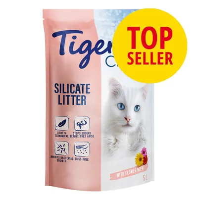 Tigerino Silicate Litter, TOP SELLER, s obrázkem bílé kočky, texty: light & economical, stops odours before they arise, inhibits bacterial growth, dust-free, with flower scent, 5 l