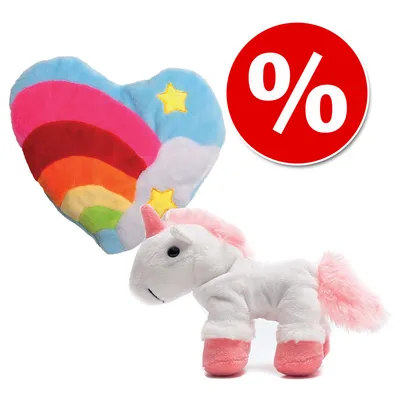 Pehmolelu yksisarvinen ja sydämen muotoinen sateenkaaripehmolelu, punainen alennusmerkki (%) oikeassa yläkulmassa. Materiaali: kangas.