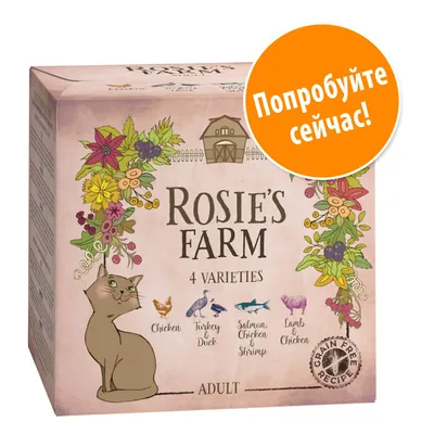 Упаковка ROSIE'S FARM для взрослых кошек, 4 вкуса: курица, индейка и утка, лосось с курицей и креветками, ягненок с курицей. Надпись на оранжевом круге: Попробуйте сейчас!