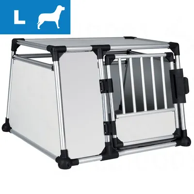 Kovová přepravní klec pro psy, velikost L, s mřížovanými dvířky a pevnou konstrukcí. V levém horním rohu modrá ikona psa a písmeno L.