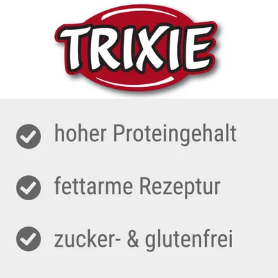 TRIXIE. hoher Proteingehalt, fettarme Rezeptur, zucker- & glutenfrei (texto en alemán).