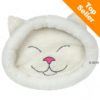 Biele plyšové pelech v tvare mačacej hlavy s vyšitým úsmevom a ružovým nosom, materiál textil. Oranžový roh s textom: Top Seller.