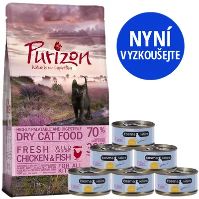 Zkušební set Kitten: Purizon 400 g & Cosma Nature 6 x 70 g - set 2:  s kuřetem a tuňákem