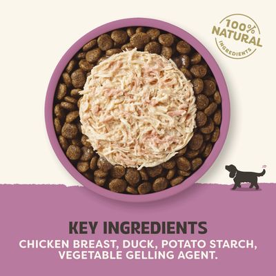 100 % naturliga ingredienser. Huvudingredienser: kycklingbröst, anka, potatisstärkelse, vegetabiliskt förtjockningsmedel.