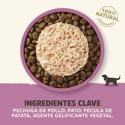 100% ingredientes naturales. Ingredientes principales: pechuga de pollo, pato, fécula de patata, gelificante vegetal.