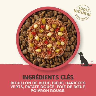 100 % d'ingrédients naturels. Ingrédients principaux : bouillon de bœuf, viande de bœuf, haricots verts, patate douce, foie de bœuf, poivron rouge.
