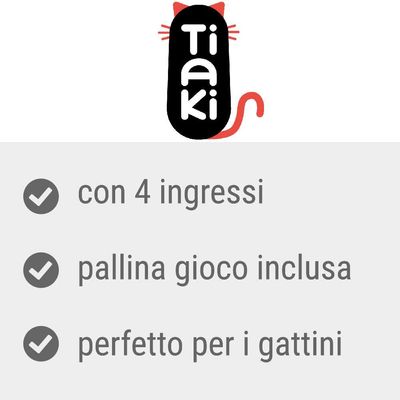 Tiaki con 4 ingressi, pallina gioco inclusa, perfetto per i gattini. Testo visibile nell'immagine.