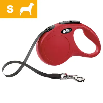 Guinzaglio avvolgibile Flexi rosso con manico, moschettone in metallo e fettuccia nera, taglia S indicata da icona cane e lettera S su sfondo giallo. Guinzaglio avvolgibile Flexi rosso con manico, moschettone in metallo e fettuccia nera, taglia S indicata da icona cane e lettera S su sfondo giallo.