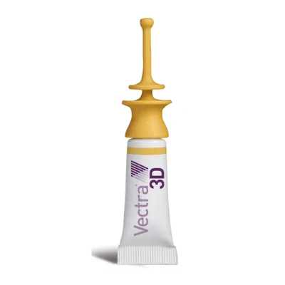 Pipette avec bouchon jaune, texte visible : Vectra 3D