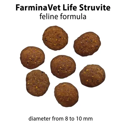 FarminaVet Life Struvite feline formula. Runde Kroketten mit einem Durchmesser von 8 bis 10 mm.