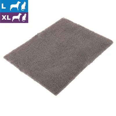 Tapis gris en tissu pour animaux, tailles L et XL indiquées par pictogrammes chien et chat dans les coins supérieurs gauche.
