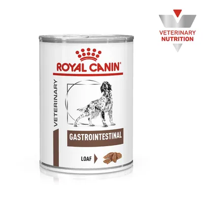 Veterinary gastrointestinal loaf food, labelled as suitable for digestive care. Includes image of food texture and veterinary nutrition symbol.