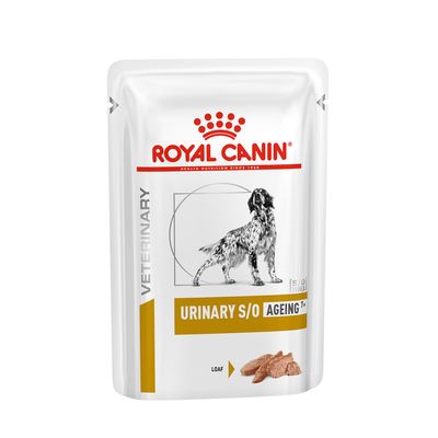 ROYAL CANIN VETERINARY URINARY S/O AGEING 7+ LOAF pouch with dog illustration and food pieces shown on front. Visible text: HEALTH NUTRITION SINCE 1968.