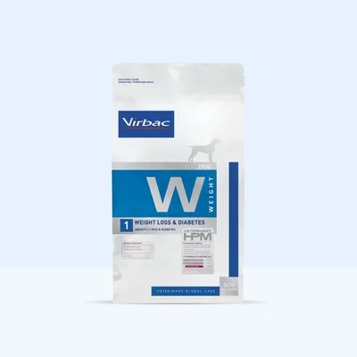 Virbac Weight Loss & Diabetes Dog, Veterinary HPM, testsúlyszabályozás és cukorbetegség, túlsúlyos vagy cukorbeteg kutyák számára. A csomagolás a termék nevét és felhasználási területét mutatja.