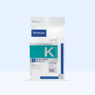 Virbac Kidney Support 1, Vesekárosodás, Veterinary HPM, MINDEN MÉRETŰ KUTYA, VETERINARY GLOBAL CARE. Csomagolás kutya sziluettjével és termékinformációkkal.