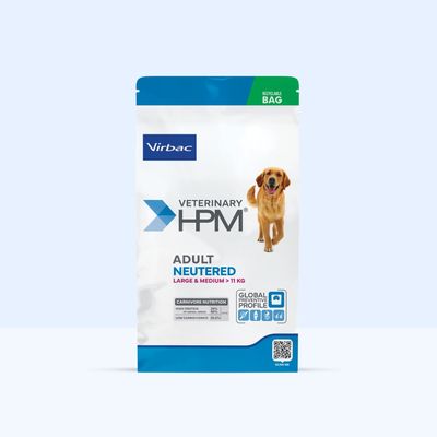 Virbac Veterinary HPM Adult Neutered Large & Medium >11 kg, Carnivore Nutrition: Magas fehérjetartalom 34%, alacsony szénhidráttartalom 25,5%, újrahasznosítható csomagolás.