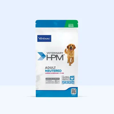 Virbac Veterinary HPM Adult Neutered Large & Medium >11 kg, Carnivore Nutrition: Magas fehérjetartalom 34%, alacsony szénhidráttartalom 25,5%, újrahasznosítható csomagolás.