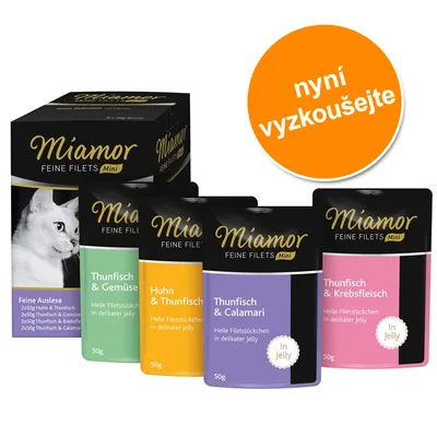 Miamor Feine Filets Mini, balení s kapsičkami pro kočky: Thunfisch & Gemüse, Huhn & Thunfisch, Thunfisch & Calamari, Thunfisch & Krebsfleisch, 50g. Oranžový kruh: nyní vyzkoušejte.