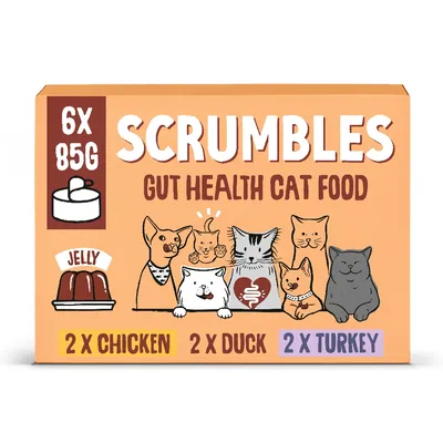 Scrumbles gut friendly cat food, complete wet food in jelly. Contains 2 chicken, 2 duck, 2 turkey. Pack of 6 x 80g.