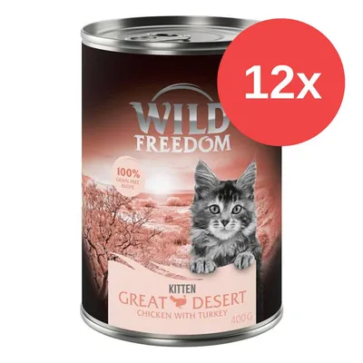 Wild Freedom Kitten Great Desert Chicken with Turkey 400 g, 100% grain-free recipe, zestaw 12x puszek. Na etykiecie zdjęcie kota.