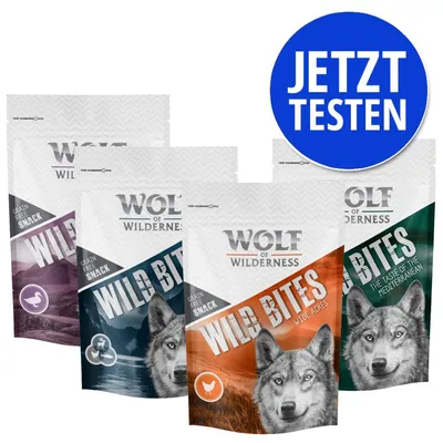 Wolf of Wilderness Wild Bites Grain Free Snack, verschiedene Sorten. Großer blauer Kreis mit Text: JETZT TESTEN.
