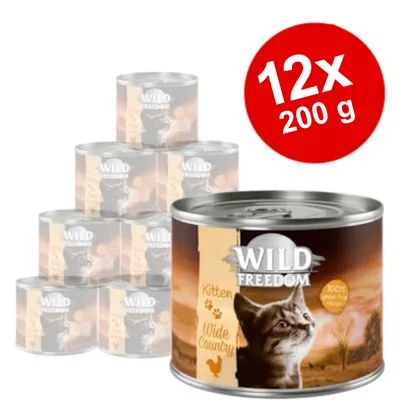 Wild Freedom Kitten Wide Country vådfoder, 12 x 200 g dåser. Etikettekster: 100% grain free recipe, billede af killing og kyllingesymbol.