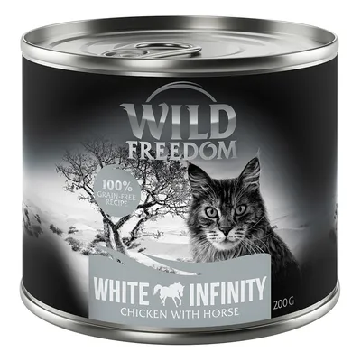 Wild Freedom White Infinity, lattina da 200g, ricetta 100% senza cereali, pollo con cavallo. Confezione nera con immagine di gatto e sfondo invernale.