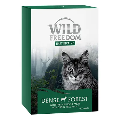 Wild Freedom Instinctive Dense Forest, 6×140 g. S textom: With fresh muscle meat, 100% grain-free recipe. Na obale je mačka a lesné pozadie s jeleňom.