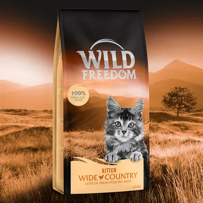 Opakowanie karmy Wild Freedom Kitten Wide Country, 100% grain-free recipe, lots of fresh poultry meat, wizerunek kota, masa netto 6,5 kg widoczna na dole opakowania.