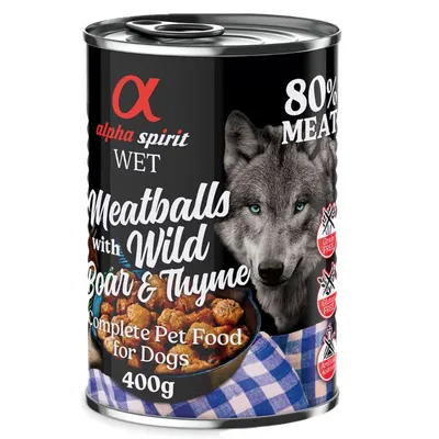 Alpha Spirit Wet Meatballs with Wild Boar & Thyme, 80% Fleisch, getreidefrei, glutenfrei, 400g. Vollwertiges Hundefutter.