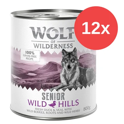 Lata Wolf of Wilderness Senior Wild Hills, 800 g. Texto visible: 100% grain-free recipe, fresh duck & veal with wild berries, roots and wild herbs. Pack de 12 unidades.