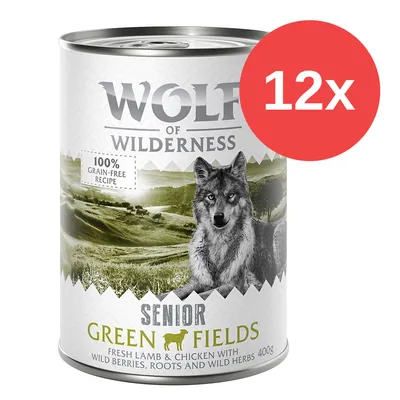 Wolf of Wilderness Senior Green Fields, receta 100 % grain-free, cordero y pollo fresco con bayas silvestres, raíces y hierbas. Lata de 400 g. Paquete de 12 unidades.