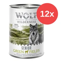 Wolf of Wilderness Senior Green Fields, receta 100 % grain-free, cordero y pollo fresco con bayas silvestres, raíces y hierbas. Lata de 400 g. Paquete de 12 unidades.
