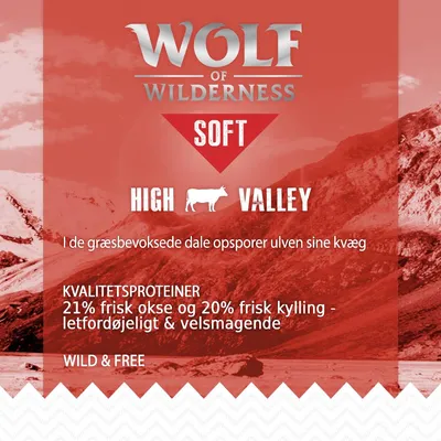 Wolf of Wilderness Soft High Valley. 21% frisk okse og 20% frisk kylling, letfordøjeligt & velsmagende. Wild & Free. I de græsbevoksede dale opsporer ulven sine kvæg.