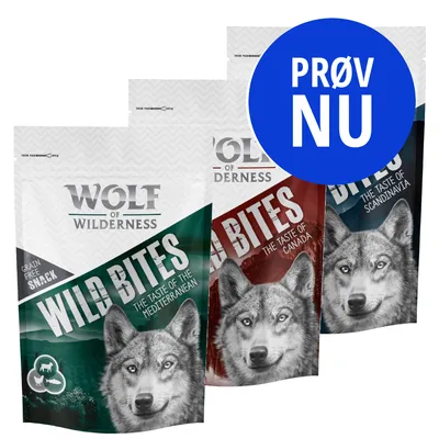 Wolf of Wilderness Wild Bites hundesnacks, varianter: The Taste of the Mediterranean, The Taste of Canada, The Taste of Scandinavia. Prøv nu-knap øverst til højre.