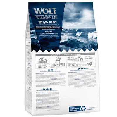 Wolf of Wilderness Vast Oceans. 40 % čerstvého masa, bezobilná receptura, vhodná výživa, vyrobeno v Německu, založeno na přirozené stravě vlků.