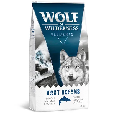 Wolf of Wilderness Elements Vast Oceans, single animal protein, with marine algae, 12 kg. Pakkauksessa sininen ja harmaa teema sekä aaltojen kuva.