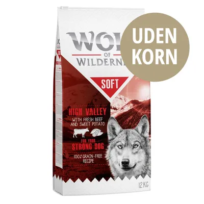 Wolf of Wilderness Soft High Valley med oksekød og sød kartoffel, 100 % grain-free recipe, UDEN KORN, 12 kg pose. Tekst: for your strong dog, with fresh beef and sweet potato.