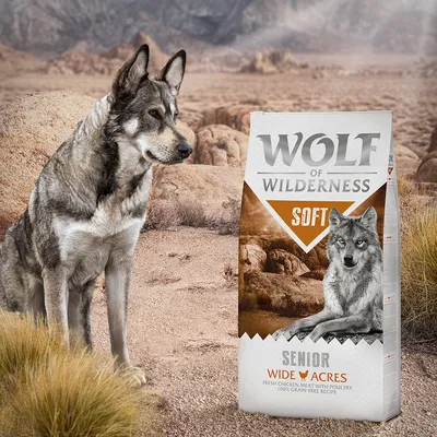 Wolf of Wilderness Soft Senior Wide Acres. Čerstvé kuřecí maso s drůbežím, 100% bezobilná receptura.