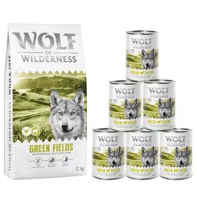 Wolf of Wilderness: 12 kg száraztáp + 6 x 400 g nedvestáp - Adult Green Fields - bárány (új recept)