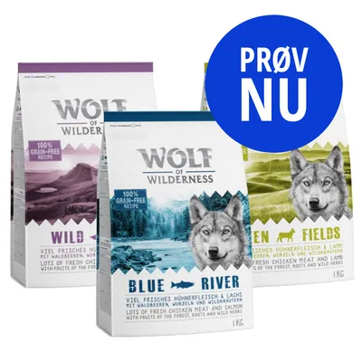 Wolf of Wilderness tørfoder 1 kg poser: Wild Hills, Blue River, Green Fields. 100% grain-free recipe. Prøv nu.