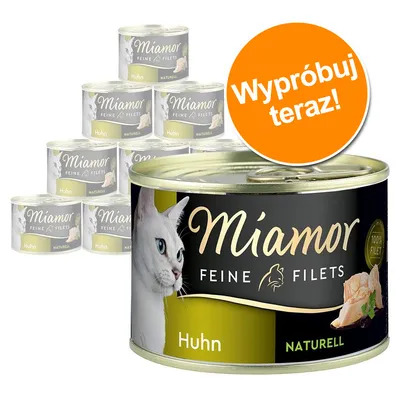 Miamor Feine Filets Huhn Naturell – zestaw puszek z kurczakiem dla kota, napis na pomarańczowym kole: Wypróbuj teraz!