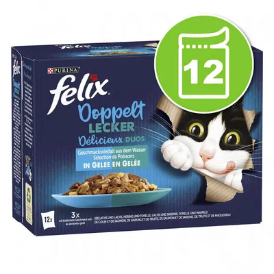 Felix Délicieux Duos Sélection de Poissons en gelée, boîte de 12 sachets. Texte visible : Purina, Doppelt Lecker, Geschmacksvielfalt aus dem Wasser, in Gelee.