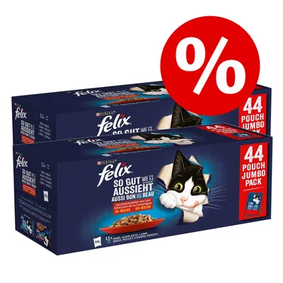 2 boîtes Felix So Gut Wie Es Aussieht Aussi Bon Que Beau, 44 Pouch Jumbo Pack, sélection de la campagne en gelée, bœuf, poulet, canard, agneau, offre spéciale signalée par un symbole % rouge