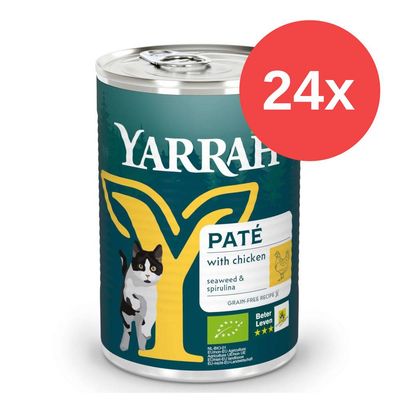 Konzerva YARRAH Paté with chicken, seaweed & spirulina, 24x. Na obalu obrázek kočky, zelený certifikát EU-BIO a Beter Leven tři hvězdy.