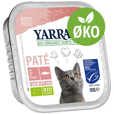 Yarrah Bio-Organic Paté med laks og tang, 100 g. ØKO-mærke, MSC-certificeret bæredygtig seafood, grain free recipe, bio organic, billede af kat på emballagen. Yarrah Bio-Organic Paté med laks og tang, 100 g. ØKO-mærke, MSC-certificeret bæredygtig seafood, grain free recipe, bio organic, billede af kat på emballagen.