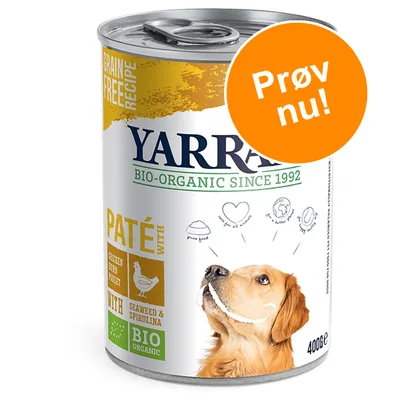 YARRA BIO-ORGANIC SINCE 1992, PATÉ WITH CHICKEN WITH SEAWEED & SPIRULINA, BIO ORGANIC, 400 g. Orange cirkel med teksten: Prøv nu! Billede af hund på dåsen.