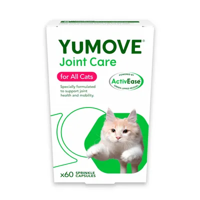 YUMOVE Joint Care for All Cats, ActivEase Powered by Green Lipped Mussel, x60 sprinkle capsules. Tekst: Specially formulated to support joint health and mobility.